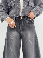 شلوار جین زنانه شافل بگ زغالی با سنگشور صدفی از بغل