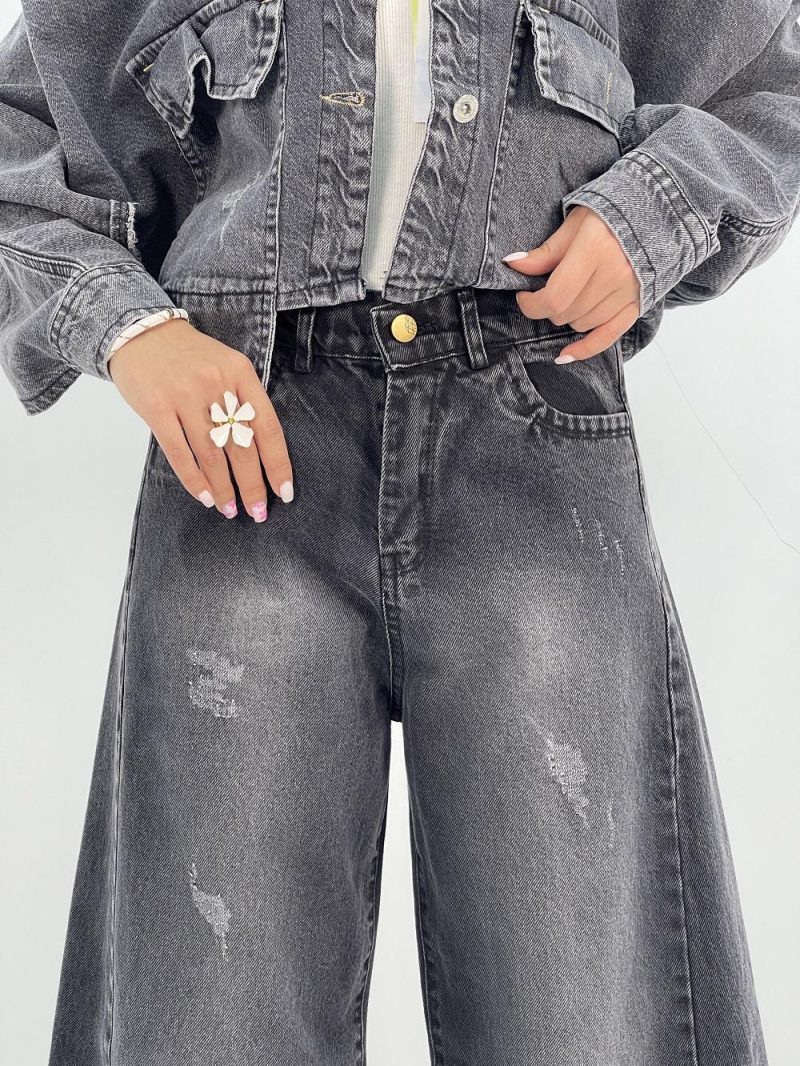 شلوار جین زنانه شافل بگ زغالی با سنگشور صدفی از بغل