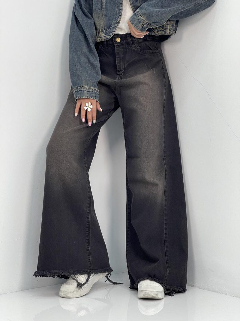 شلوار جین زنانه شافل بگ با سنگشور کرم قهوه ای