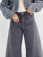 شلوار جین زنانه شافل بگ زغالی با سنگشور صدفی از بغل