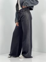 شلوار جین زنانه شافل بگ زغالی با سنگشور صدفی از بغل