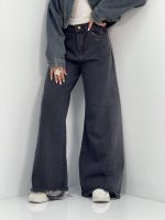 شلوار جین زنانه شافل بگ زغالی با سنگشور صدفی از بغل