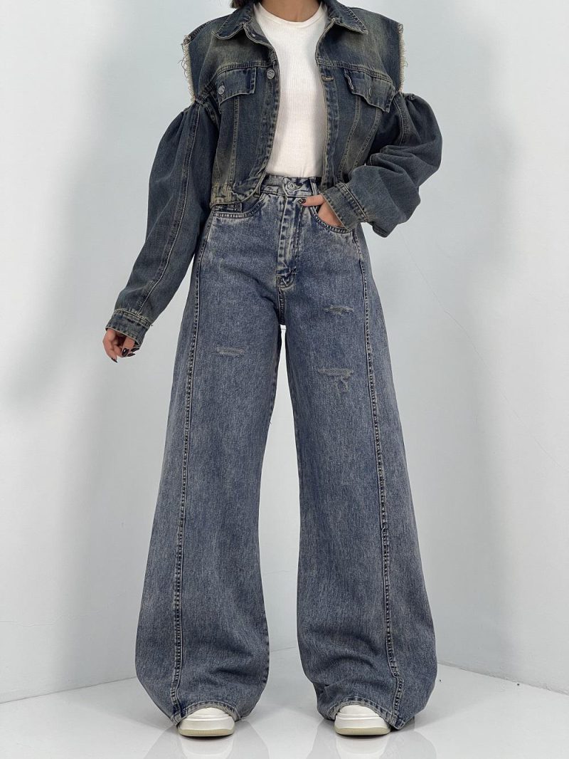 شلوار جین زنانه شافل بگ آبی کثیف شور