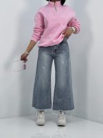 شلوار جین زنانه شافل قد نود رنگ آبی یخی
