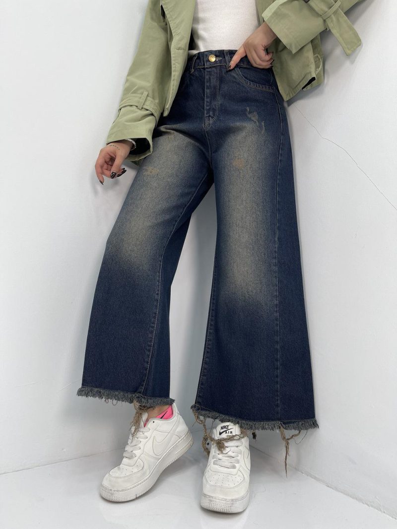 شلوار جین زنانه شافل قد نود سرمه ای سنگشور