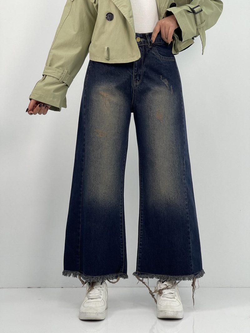 شلوار جین زنانه شافل قد نود سرمه ای سنگشور