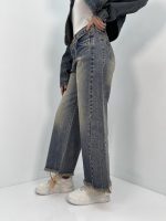 شلوار جین زنانه شافل قد نود آبی با سنگشور کرم قهوه ای