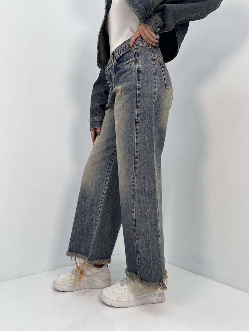 شلوار جین زنانه شافل قد نود آبی با سنگشور کرم قهوه ای