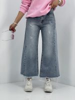 شلوار جین زنانه شافل قد نود رنگ آبی یخی
