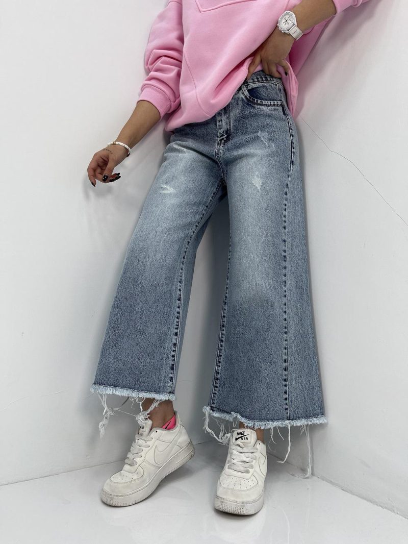 شلوار جین زنانه شافل قد نود رنگ آبی یخی