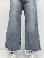 شلوار جین زنانه شافل قد نود رنگ آبی یخی