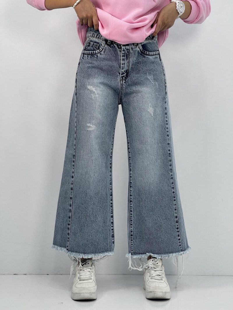 شلوار جین زنانه شافل قد نود رنگ آبی یخی