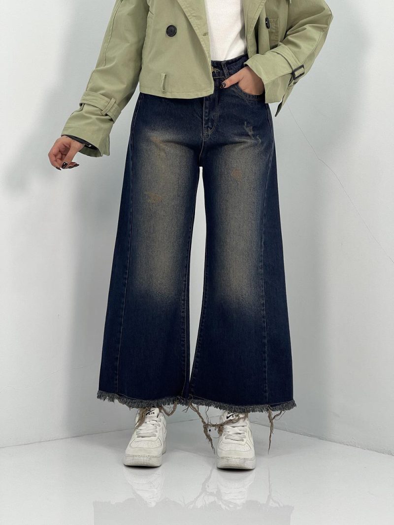 شلوار جین زنانه شافل قد نود سرمه ای سنگشور