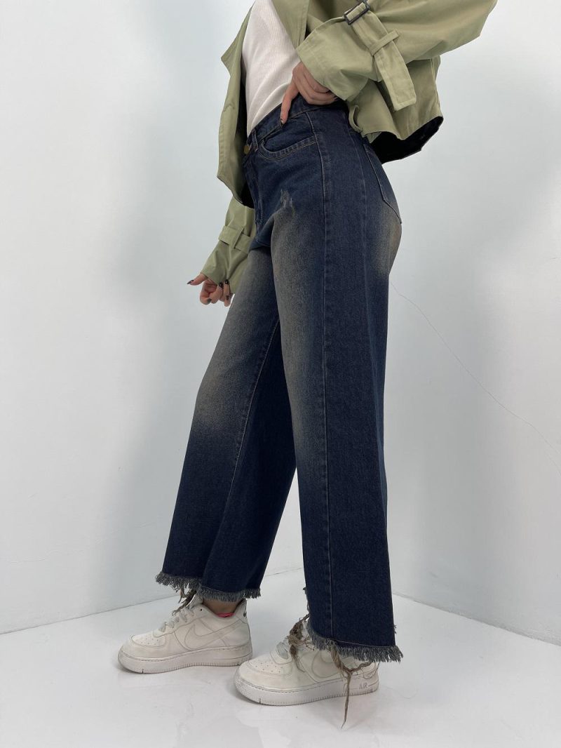 شلوار جین زنانه شافل قد نود سرمه ای سنگشور