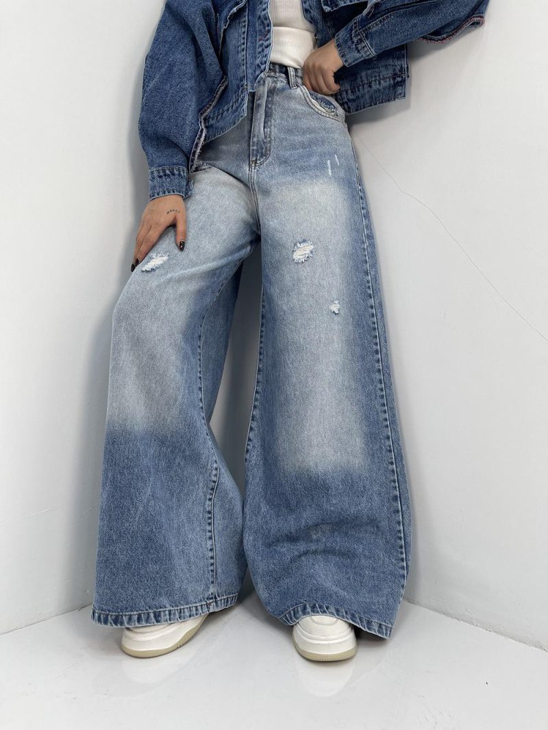 شلوار جین زنانه سوپر بگ آبی یخی سنگشور