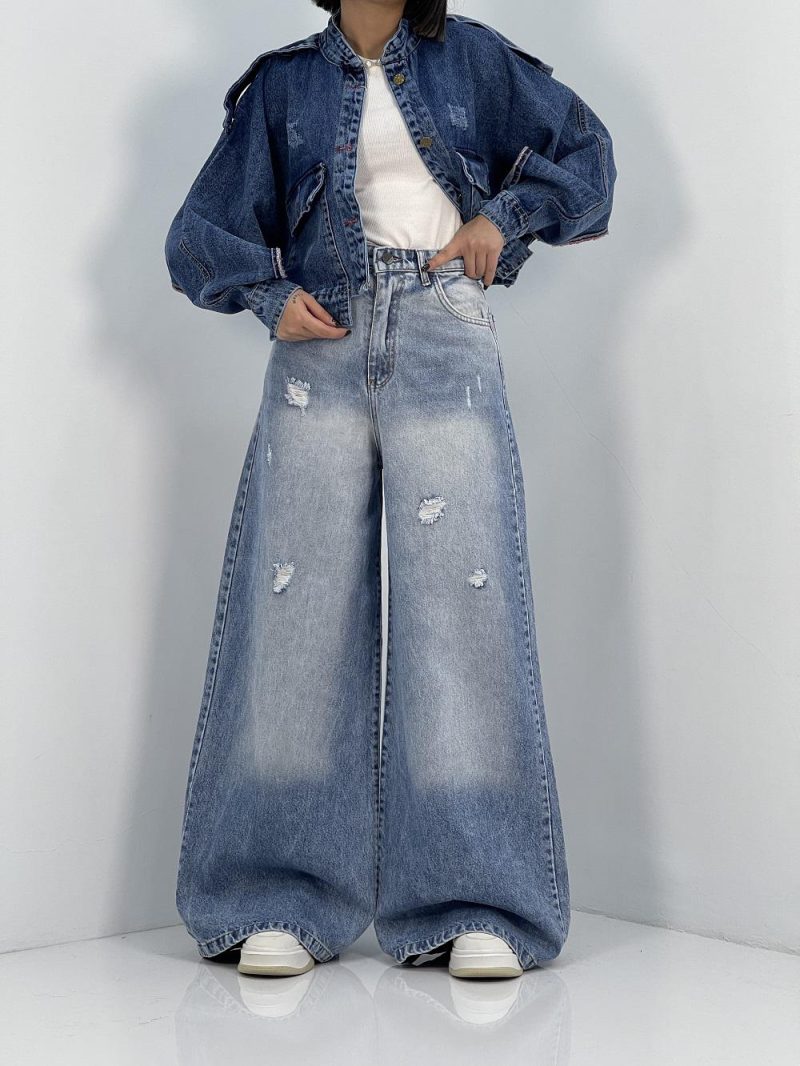 شلوار جین زنانه سوپر بگ آبی یخی سنگشور