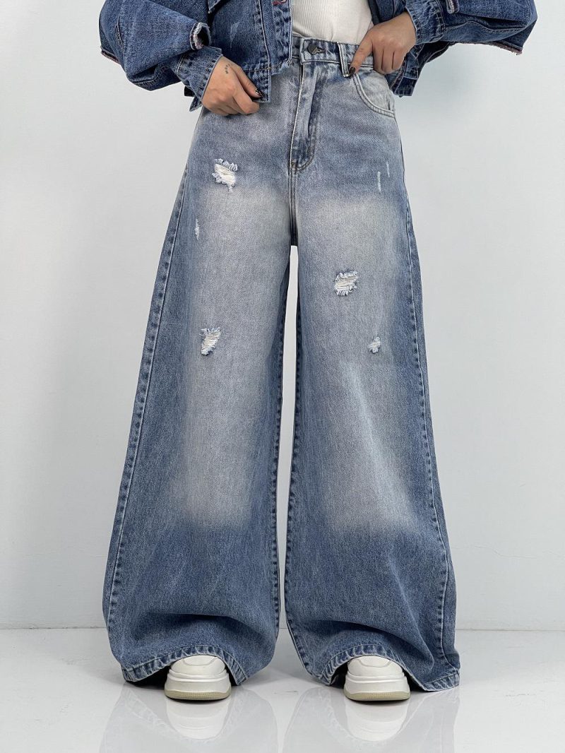 شلوار جین زنانه سوپر بگ آبی یخی سنگشور