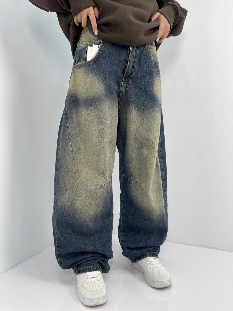 شلوار جین زنانه بالونی آبی با سنگشور کرم