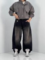 شلوار جین زنانه بالونی کارپنتری مشکی با سنگشور سفید