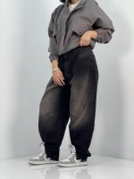 شلوار جین زنانه بالونی کارپنتری مشکی با سنگشور سفید