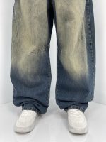 شلوار جین زنانه بالونی آبی با سنگشور کرم