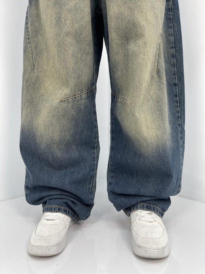 شلوار جین زنانه بالونی آبی با سنگشور کرم