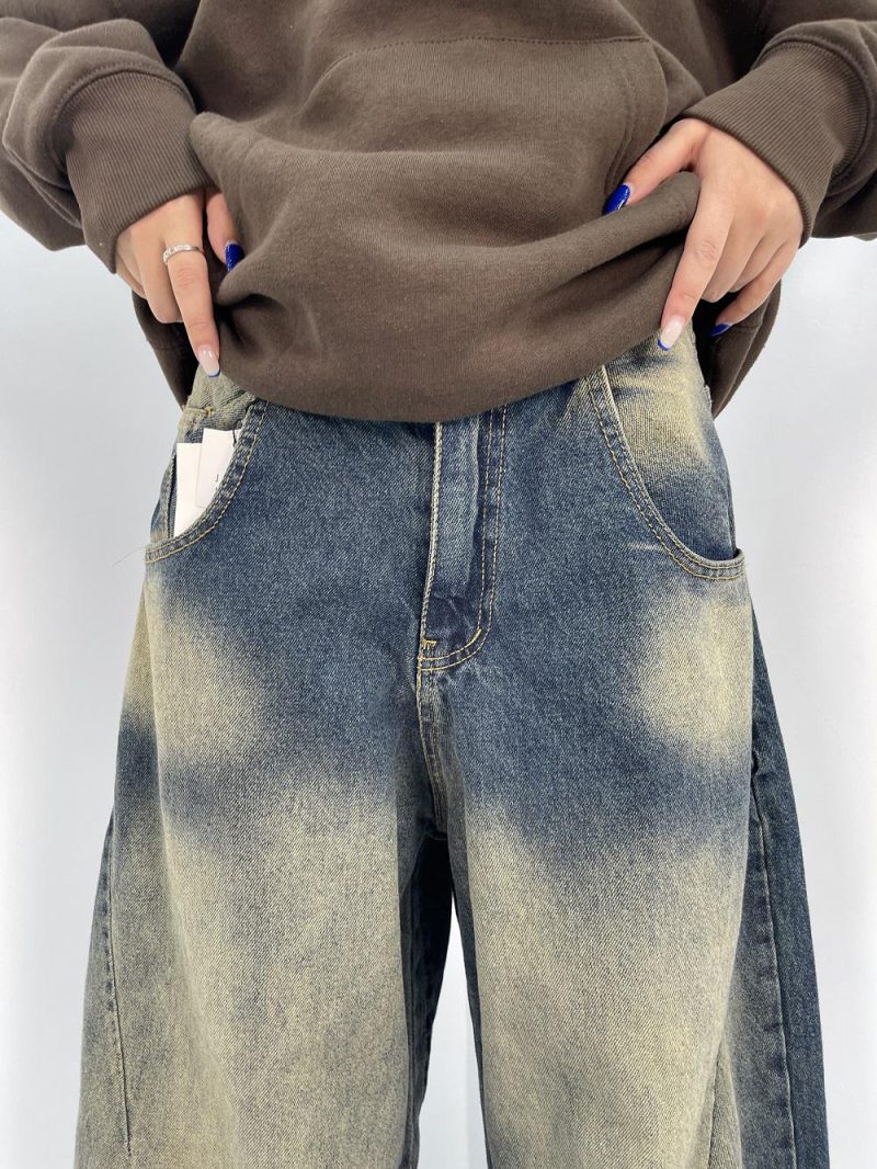 شلوار جین زنانه بالونی آبی با سنگشور کرم