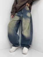 شلوار جین زنانه بالونی آبی با سنگشور کرم