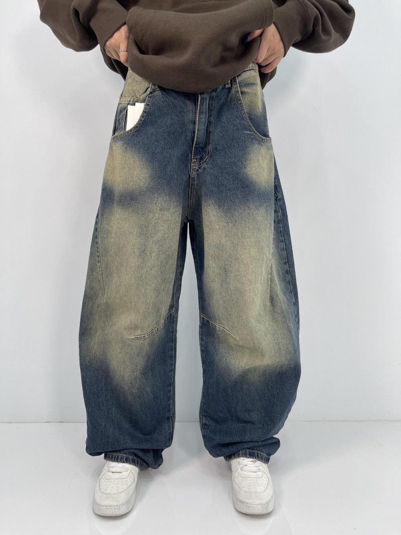 شلوار جین زنانه بالونی آبی با سنگشور کرم