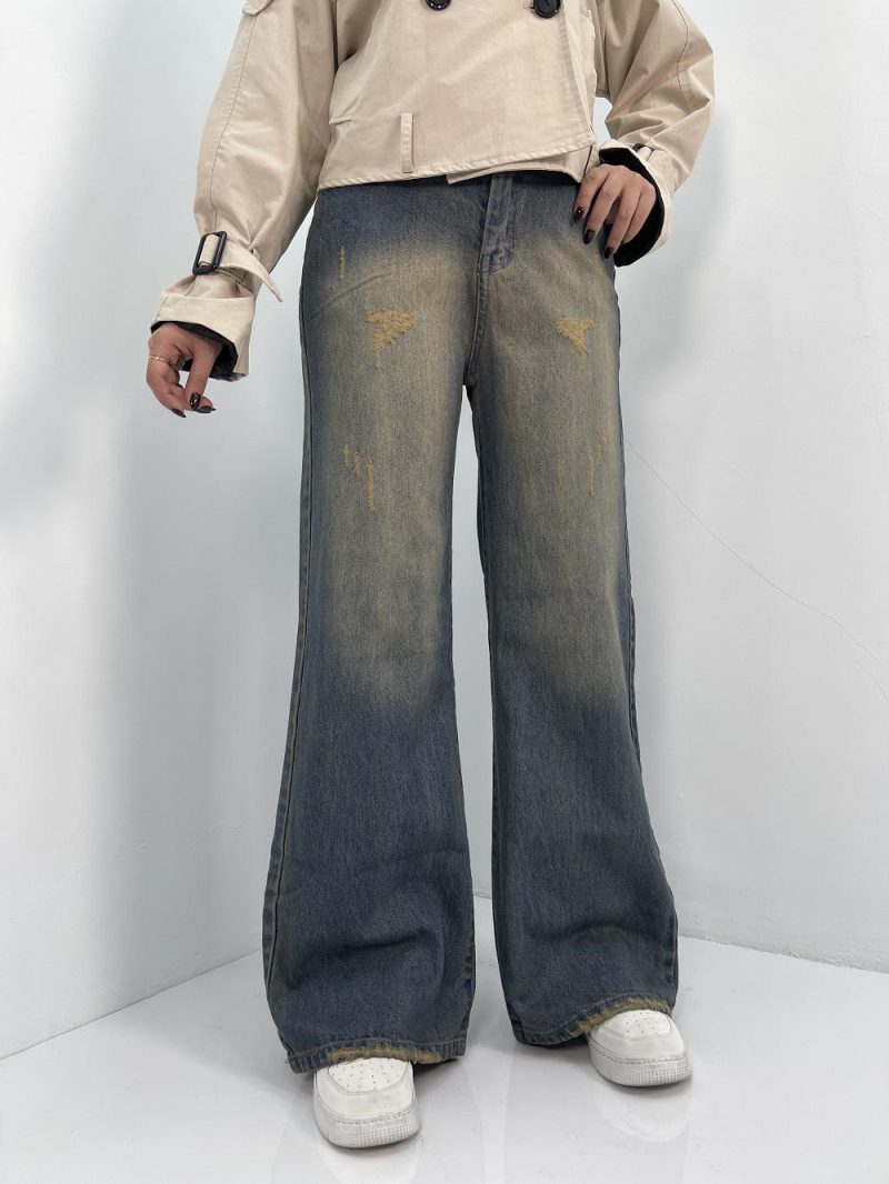 شلوار جین زنانه فول بگ با سنگشور کرم