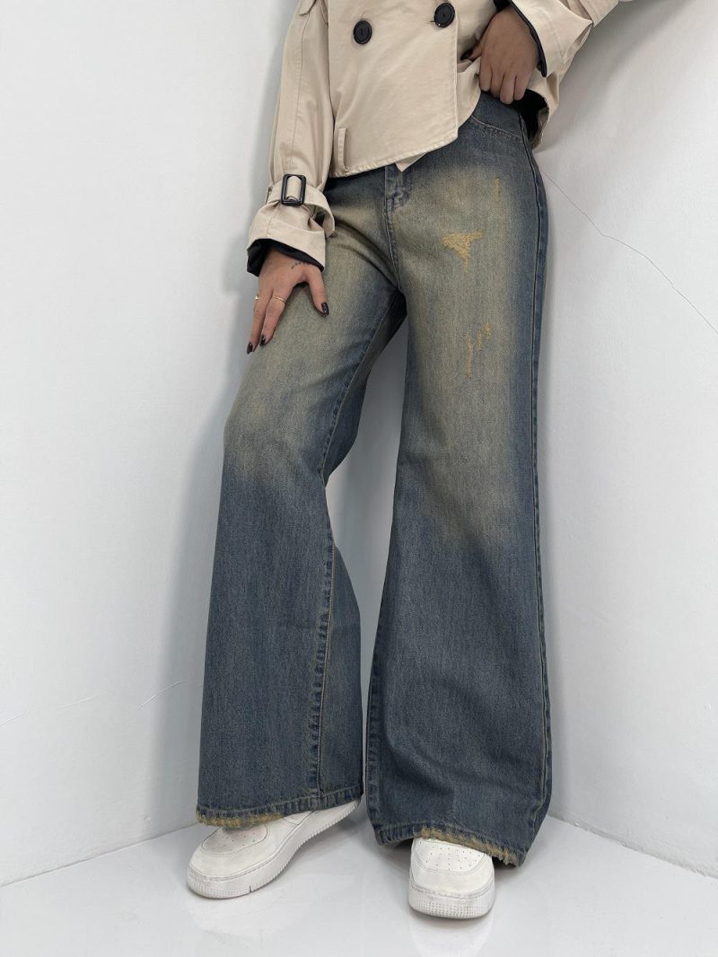 شلوار جین زنانه فول بگ با سنگشور کرم