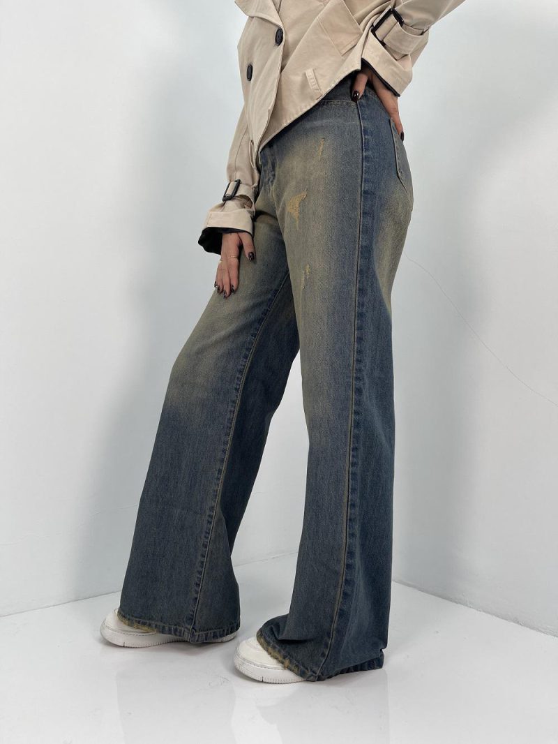 شلوار جین زنانه فول بگ با سنگشور کرم