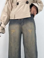 شلوار جین زنانه فول بگ با سنگشور کرم