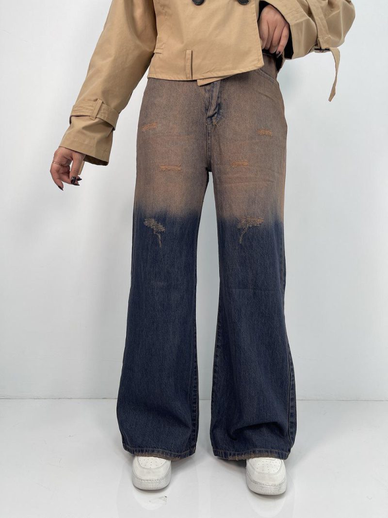 شلوار جین زنانه فول بگ با سنگشور قهوه ای