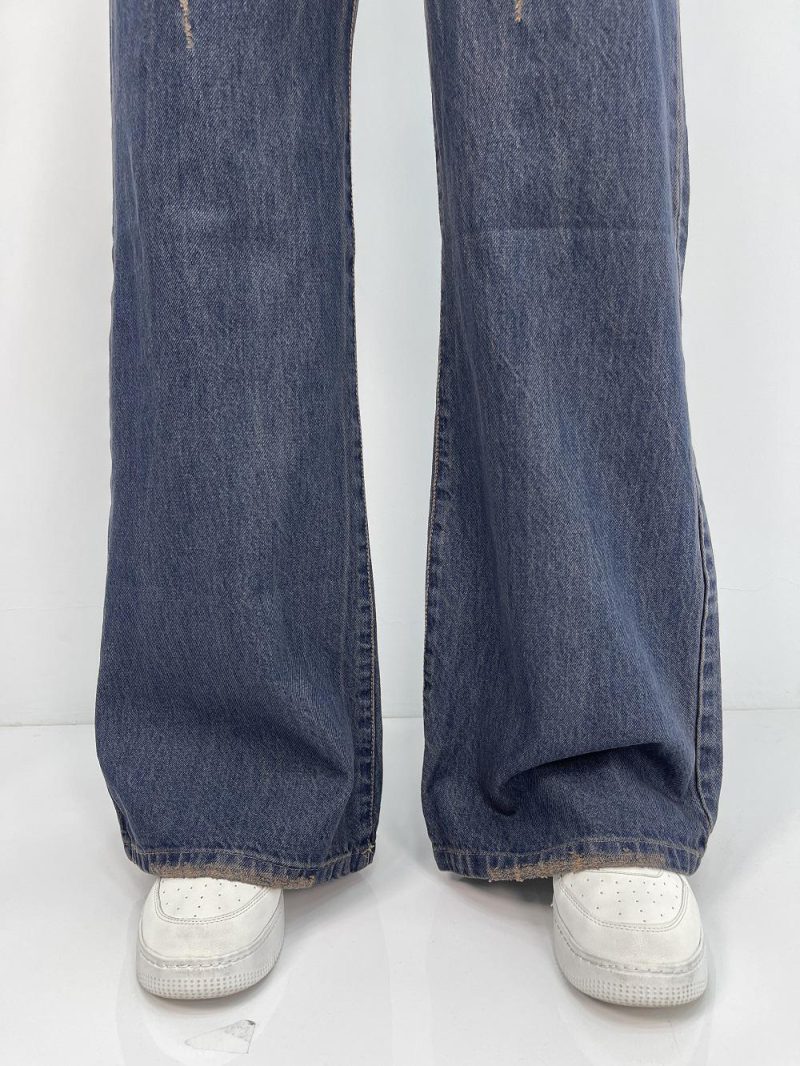 شلوار جین زنانه فول بگ با سنگشور قهوه ای