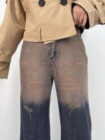شلوار جین زنانه فول بگ با سنگشور قهوه ای