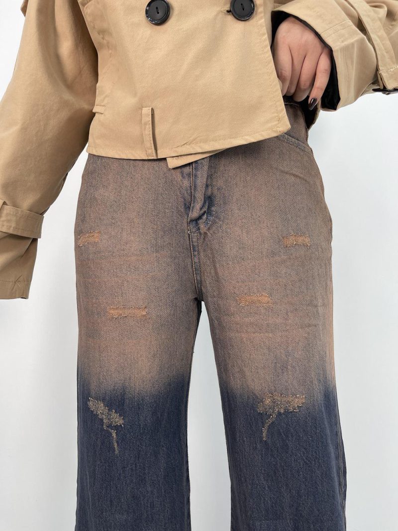 شلوار جین زنانه فول بگ با سنگشور قهوه ای