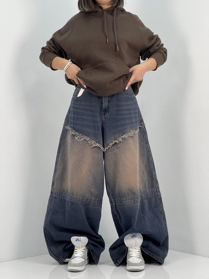 شلوار جین زنانه سوپر بگ آبی سنگشور قهوه ای
