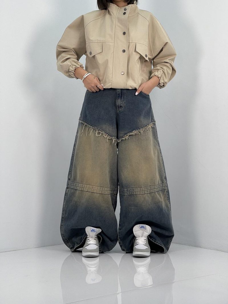 شلوار جین زنانه سوپر بگ آبی سنگشور کرم