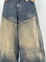 شلوار جین زنانه سوپر بگ آبی سنگشور کرم