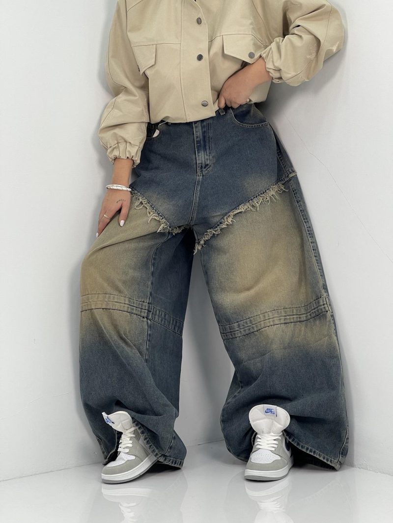 شلوار جین زنانه سوپر بگ آبی سنگشور کرم