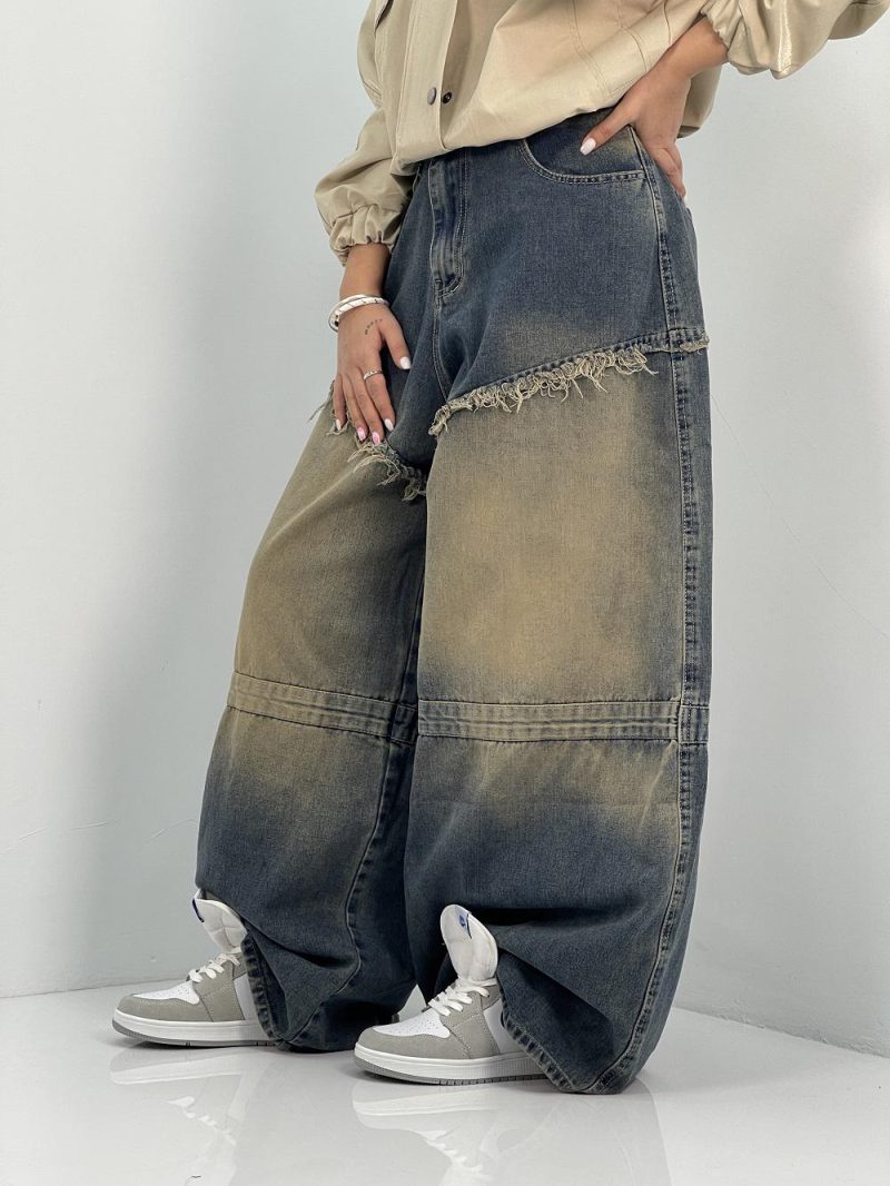 شلوار جین زنانه سوپر بگ آبی سنگشور کرم