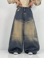 شلوار جین زنانه سوپر بگ آبی سنگشور کرم