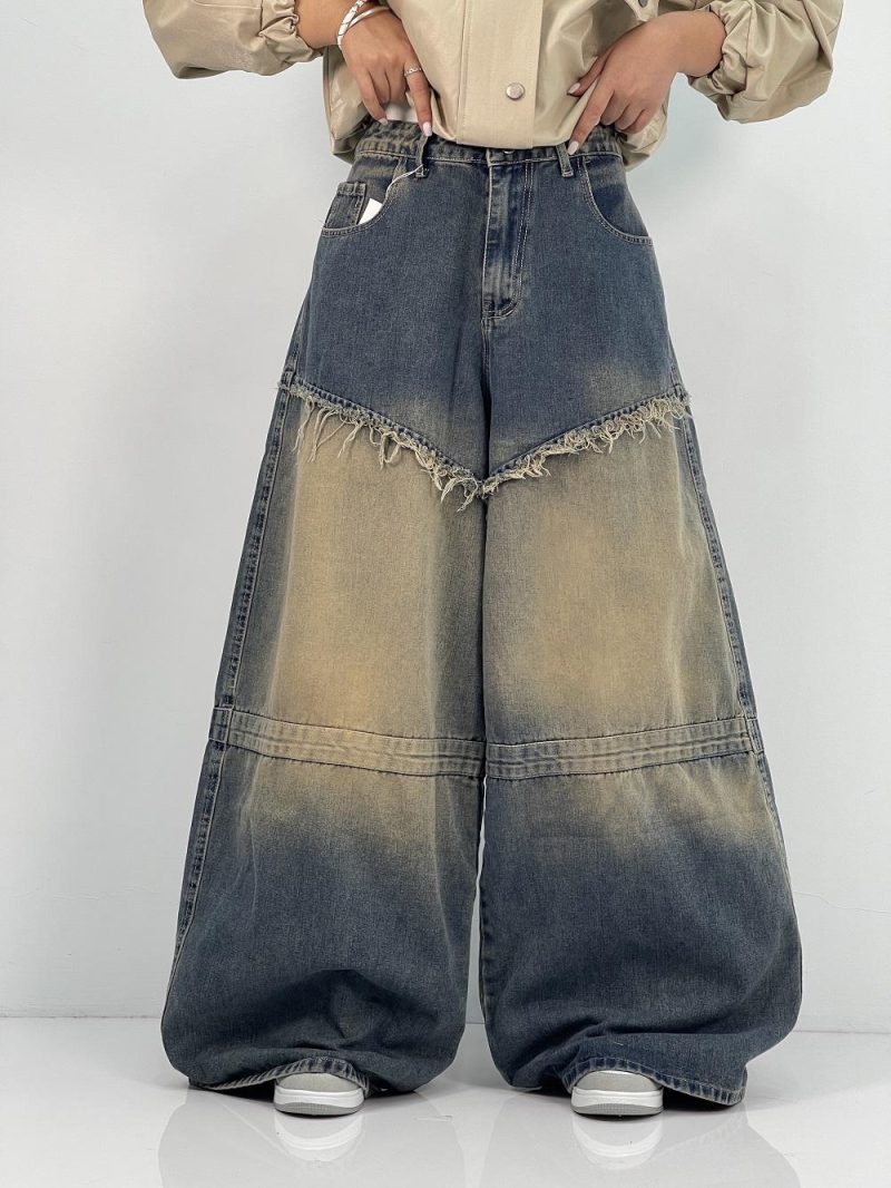 شلوار جین زنانه سوپر بگ آبی سنگشور کرم