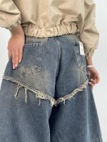 شلوار جین زنانه سوپر بگ آبی سنگشور کرم