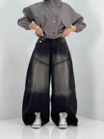 شلوار جین زنانه سوپر بگ مشکی سنگشور صدفی