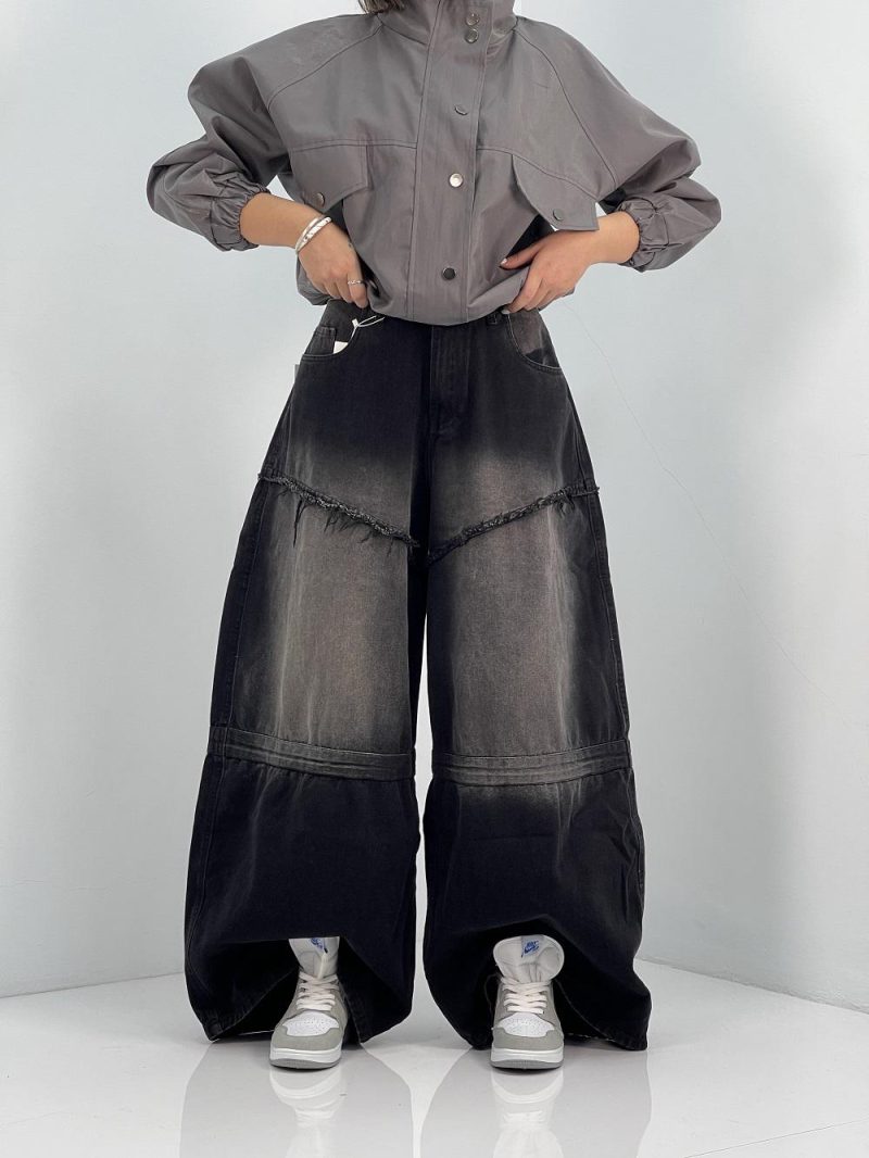 شلوار جین زنانه سوپر بگ مشکی سنگشور صدفی