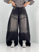 شلوار جین زنانه سوپر بگ مشکی سنگشور صدفی