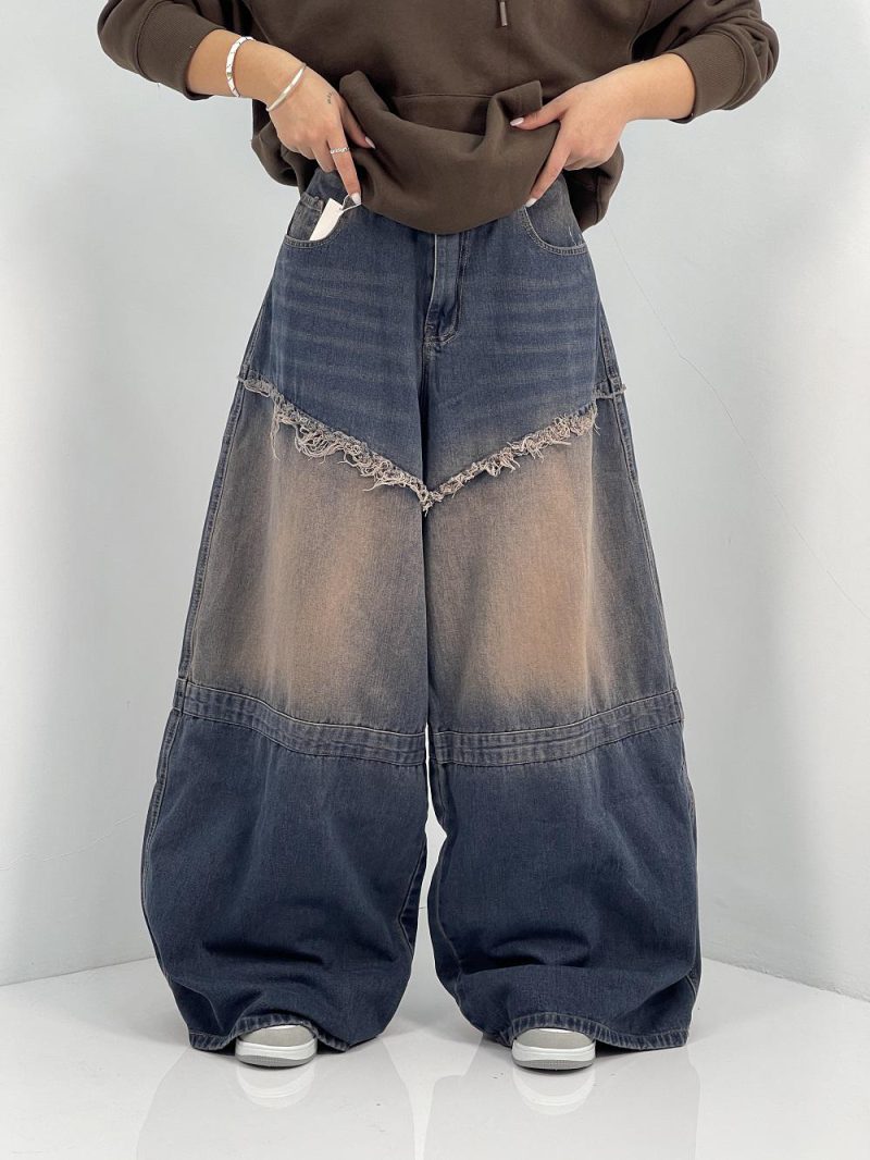 شلوار جین زنانه سوپر بگ آبی سنگشور قهوه ای