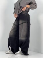 شلوار جین زنانه سوپر بگ مشکی سنگشور صدفی